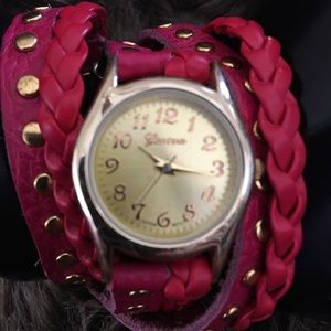 Geneva red braided leather wrap bracelet watch